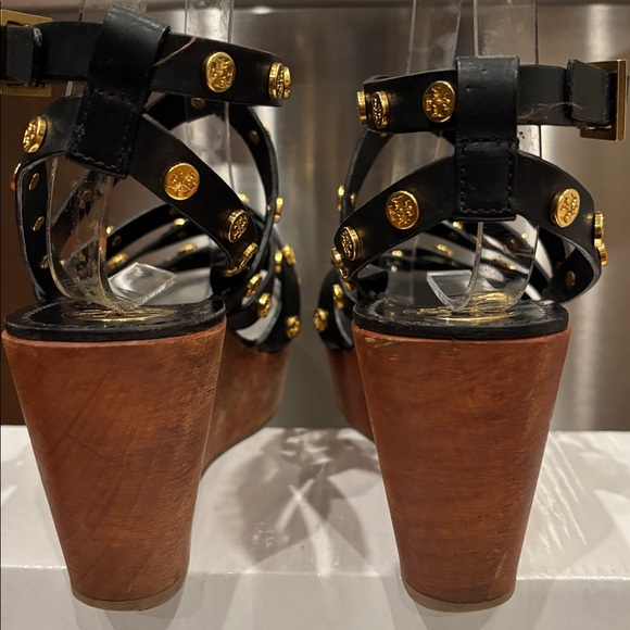 Tory Burch Women's Black Leather Studded Wedge Sandals - Picture 11 of 12